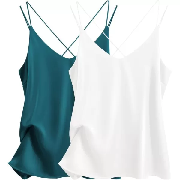 Ekouaer Womens 2Pack Silk Satin Camisole Tank Top V Neck Sexy Cross Back Spaghetti Strap Cami Sleeveless Lounge Tops2 Pack Whitepeacock Blue