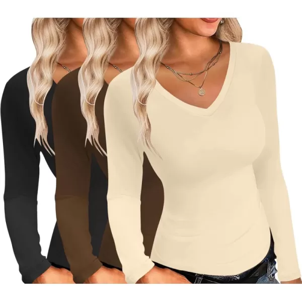 Ekouaer Womens 3 Pack Long Sleeve Shirts V Neck Slim Fit Lightweight Layer Tops 2024 Fall Clothes Thermal UndershirtsBlackBeigeBrown