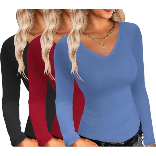 Ekouaer Womens 3 Pack Long Sleeve Shirts V Neck Slim Fit Lightweight Layer Tops 2024 Fall Clothes Thermal UndershirtsBlackRedNavy