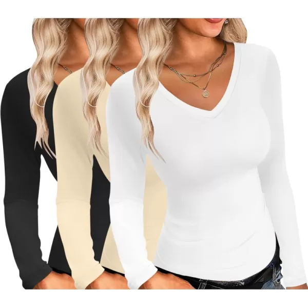 Ekouaer Womens 3 Pack Long Sleeve Shirts V Neck Slim Fit Lightweight Layer Tops 2024 Fall Clothes Thermal UndershirtsBlackWhiteBeige