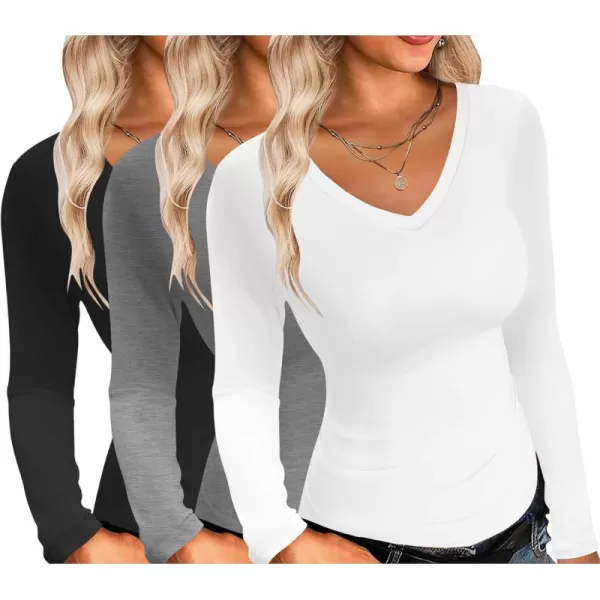 Ekouaer Womens 3 Pack Long Sleeve Shirts V Neck Slim Fit Lightweight Layer Tops 2024 Fall Clothes Thermal UndershirtsBlackWhiteDark Grey