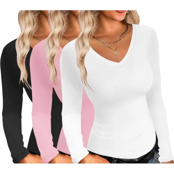 Ekouaer Womens 3 Pack Long Sleeve Shirts V Neck Slim Fit Lightweight Layer Tops 2024 Fall Clothes Thermal UndershirtsBlackWhitePink