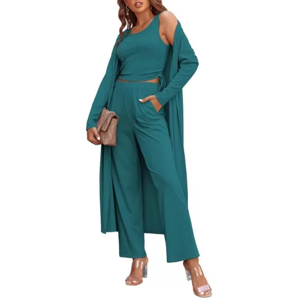 Ekouaer Womens 3 Piece Knit Lounge Set SweatsuitBlue Green