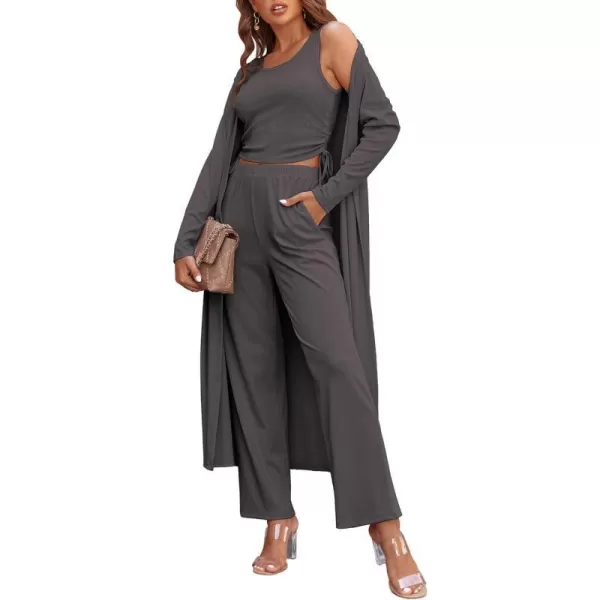 Ekouaer Womens 3 Piece Knit Lounge Set SweatsuitCharcoal Grey