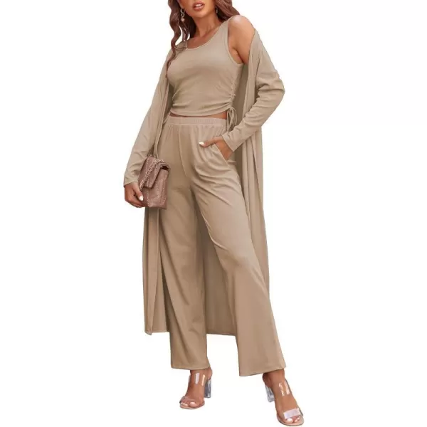 Ekouaer Womens 3 Piece Knit Lounge Set SweatsuitKhaki