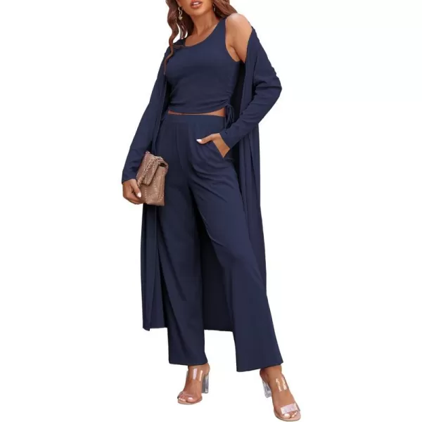 Ekouaer Womens 3 Piece Knit Lounge Set SweatsuitNavy