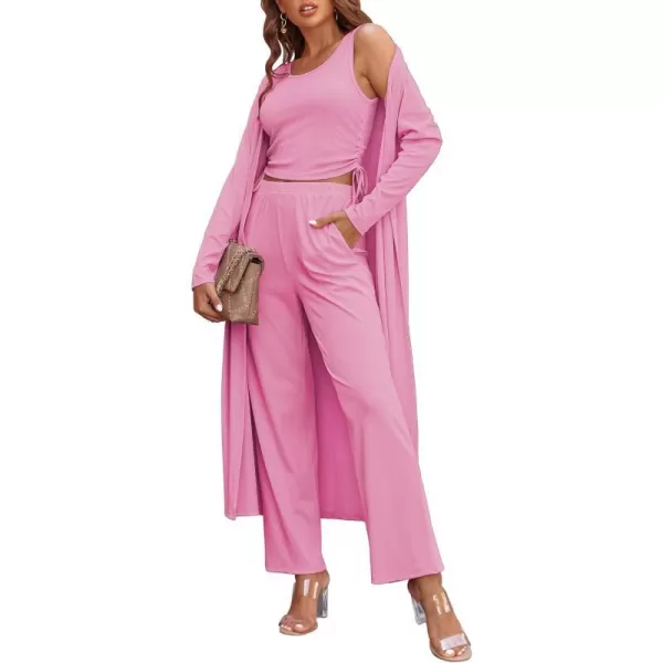 Ekouaer Womens 3 Piece Knit Lounge Set SweatsuitRose Pink