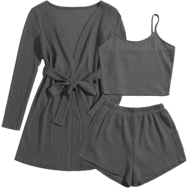 Ekouaer Womens 3 Piece Waffle Knit Lounge Set Soft Pajama Sets Tank Top and Shorts Loungewear Long Cardigan with pocket SXXLGrey