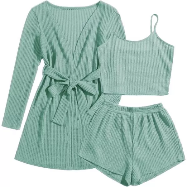 Ekouaer Womens 3 Piece Waffle Knit Lounge Set Soft Pajama Sets Tank Top and Shorts Loungewear Long Cardigan with pocket SXXLGrey Green