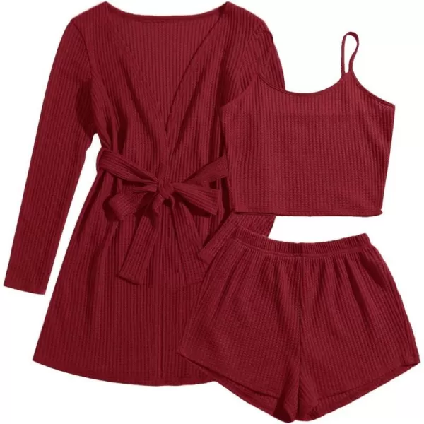 Ekouaer Womens 3 Piece Waffle Knit Lounge Set Soft Pajama Sets Tank Top and Shorts Loungewear Long Cardigan with pocket SXXLWine Red