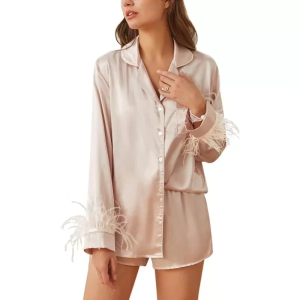 Ekouaer Womens Bridal Feather Trim Silk Satin Pajama Set Long Sleeve Lounge Sets Sleepwear Removable Feather1 Champagne