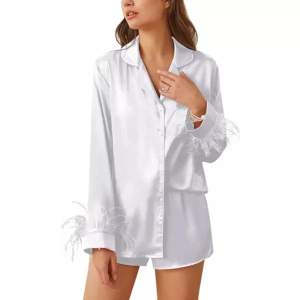 Ekouaer Womens Bridal Feather Trim Silk Satin Pajama Set Long Sleeve Lounge Sets Sleepwear Removable Feather1 White