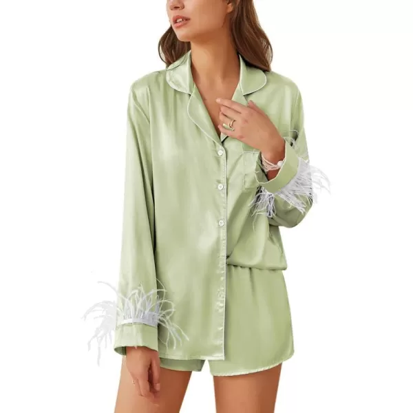 Ekouaer Womens Bridal Feather Trim Silk Satin Pajama Set Long Sleeve Lounge Sets Sleepwear Removable FeatherLight Green