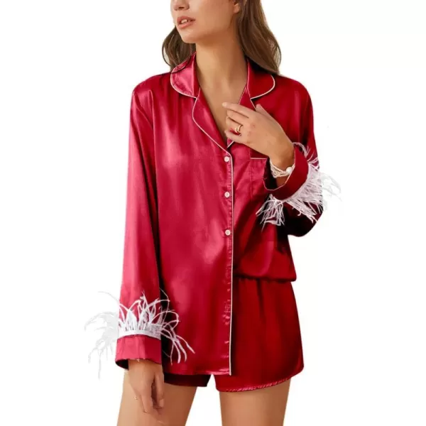 Ekouaer Womens Bridal Feather Trim Silk Satin Pajama Set Long Sleeve Lounge Sets Sleepwear Removable FeatherWine Red