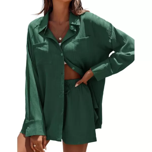 Ekouaer Womens Button Down Lounge Set Long Sleeve Shirt and Shorts 2 Piece Outfits Loungewear Pajama with PocketsDark Green