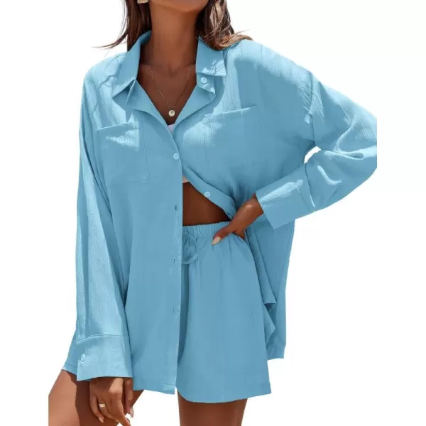 Ekouaer Womens Button Down Lounge Set Long Sleeve Shirt and Shorts 2 Piece Outfits Loungewear Pajama with PocketsLight Blue