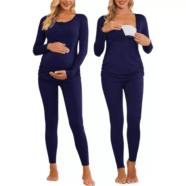 Ekouaer Womens Button Down Nursing Thermal Underwear Maternity Pajamas Microfiber Fleece Lined Winter Pjs Set Long John SetNavy Blue