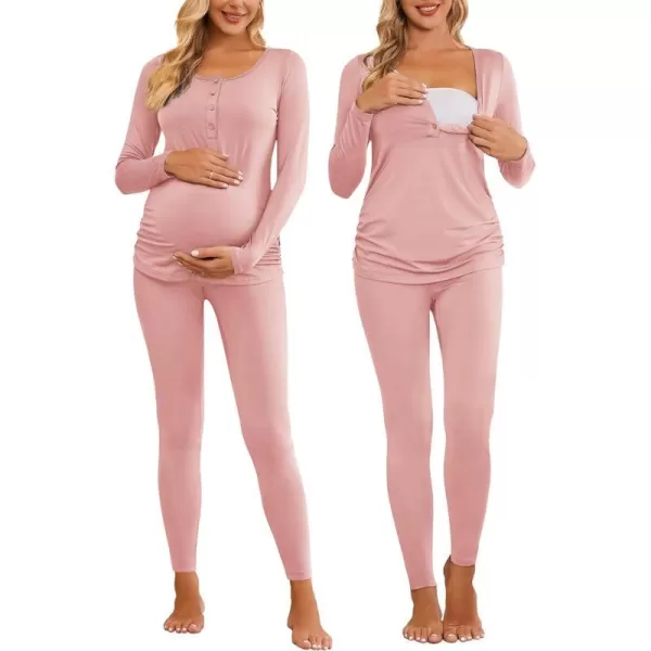 Ekouaer Womens Button Down Nursing Thermal Underwear Maternity Pajamas Microfiber Fleece Lined Winter Pjs Set Long John SetPink