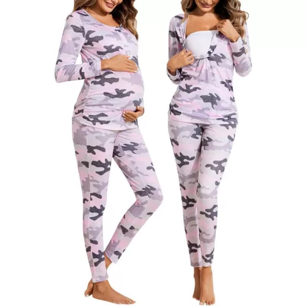 Ekouaer Womens Button Down Nursing Thermal Underwear Maternity Pajamas Microfiber Fleece Lined Winter Pjs Set Long John SetPink Camouflage No FleeceRun Small