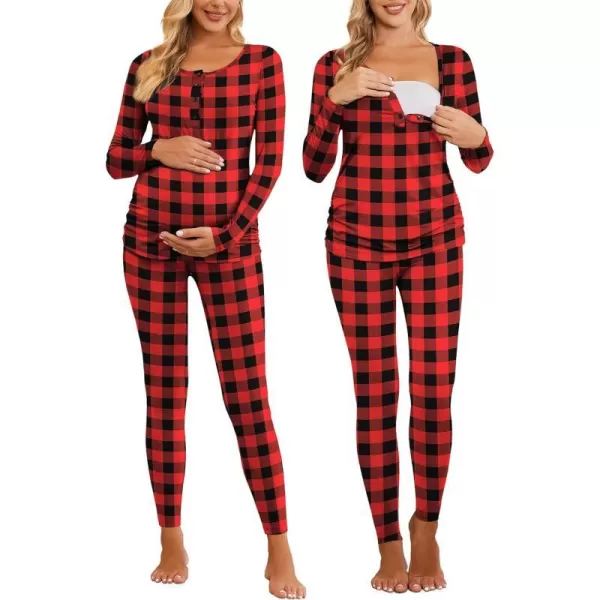 Ekouaer Womens Button Down Nursing Thermal Underwear Maternity Pajamas Microfiber Fleece Lined Winter Pjs Set Long John SetRed Plaid No FleeceRun Small