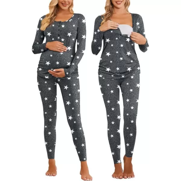 Ekouaer Womens Button Down Nursing Thermal Underwear Maternity Pajamas Microfiber Fleece Lined Winter Pjs Set Long John SetStar Print No FleeceRun Small