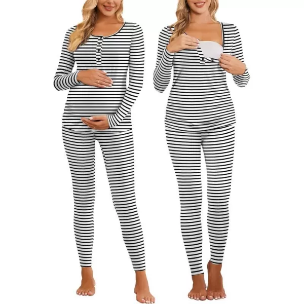 Ekouaer Womens Button Down Nursing Thermal Underwear Maternity Pajamas Microfiber Fleece Lined Winter Pjs Set Long John SetStriped Black No Fleece