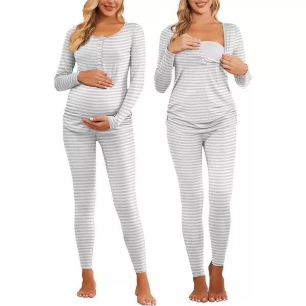 Ekouaer Womens Button Down Nursing Thermal Underwear Maternity Pajamas Microfiber Fleece Lined Winter Pjs Set Long John SetStriped Grey No FleeceTrue Size