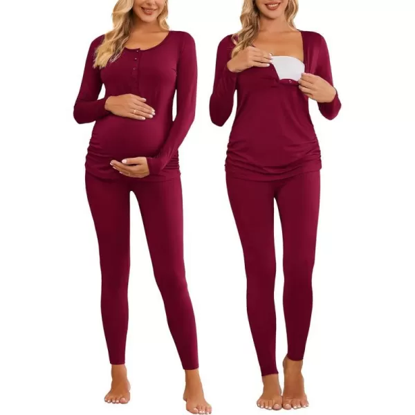 Ekouaer Womens Button Down Nursing Thermal Underwear Maternity Pajamas Microfiber Fleece Lined Winter Pjs Set Long John SetWine Red