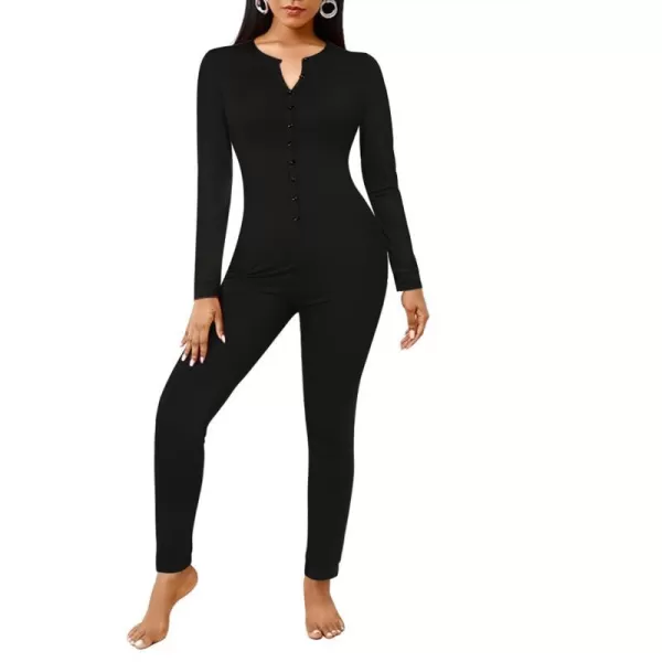 Ekouaer Womens Button Onesie Pajamas Bandage One Piece Long Sleep Romper Pajama Bodysuit Jumpsuit Bodycon XSXXLAblack