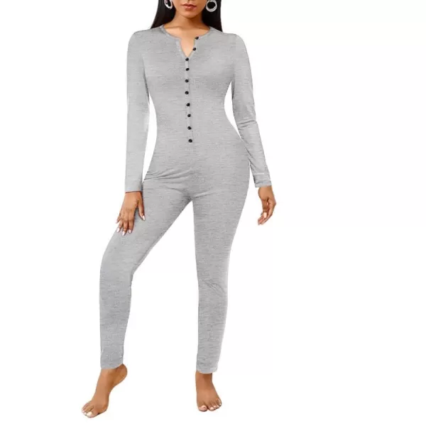 Ekouaer Womens Button Onesie Pajamas Bandage One Piece Long Sleep Romper Pajama Bodysuit Jumpsuit Bodycon XSXXLAgrey