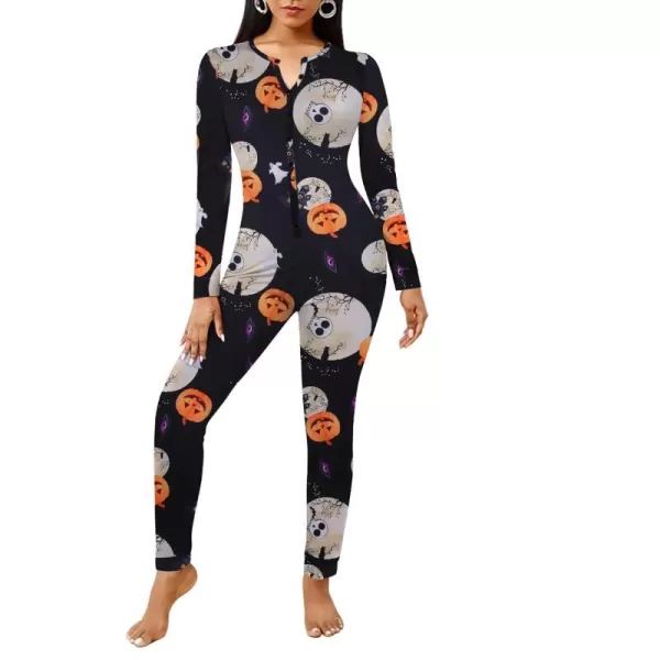 Ekouaer Womens Button Onesie Pajamas Bandage One Piece Long Sleep Romper Pajama Bodysuit Jumpsuit Bodycon XSXXLApumpkin