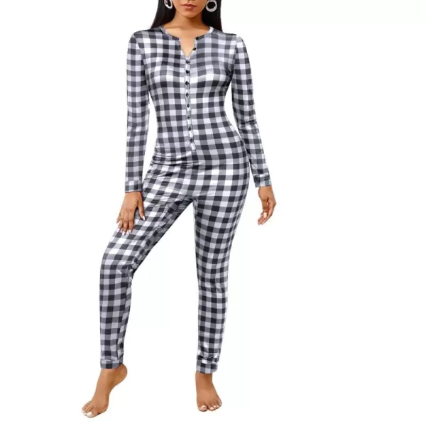 Ekouaer Womens Button Onesie Pajamas Bandage One Piece Long Sleep Romper Pajama Bodysuit Jumpsuit Bodycon XSXXLBlack Plaid