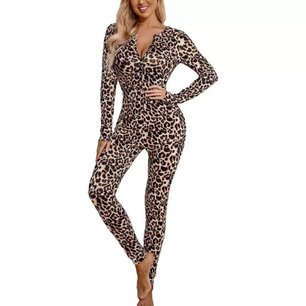 Ekouaer Womens Button Onesie Pajamas Bandage One Piece Long Sleep Romper Pajama Bodysuit Jumpsuit Bodycon XSXXLBrown Leopard