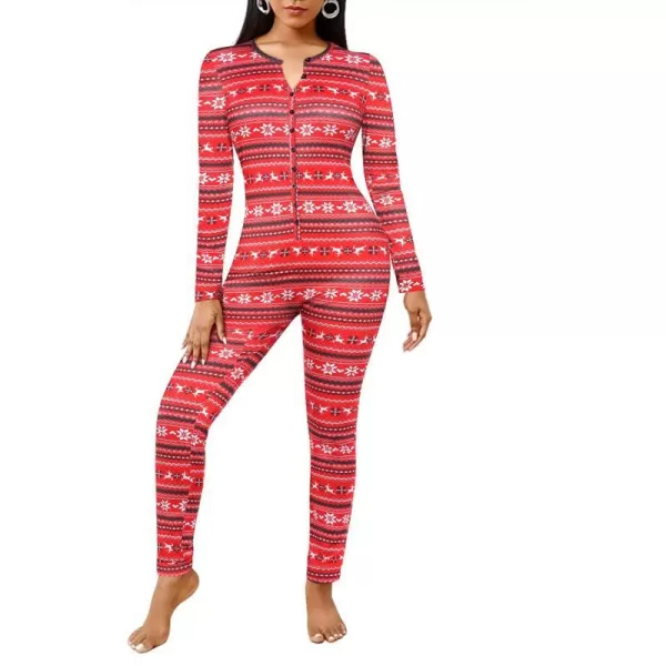 Ekouaer Womens Button Onesie Pajamas Bandage One Piece Long Sleep Romper Pajama Bodysuit Jumpsuit Bodycon XSXXLChristmas Patternred