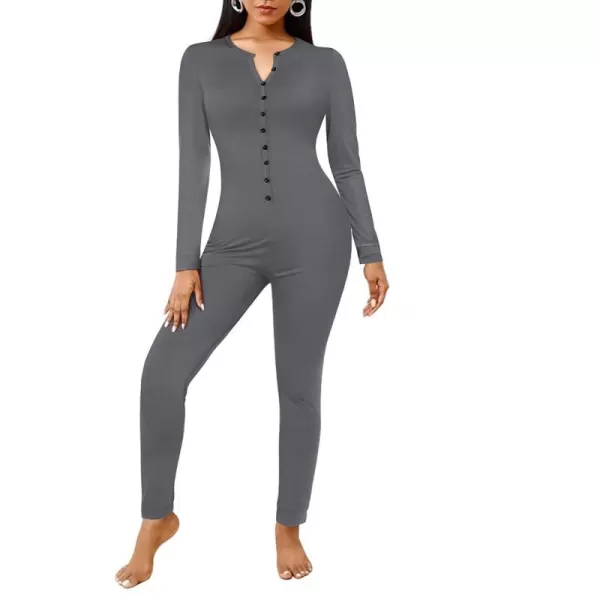 Ekouaer Womens Button Onesie Pajamas Bandage One Piece Long Sleep Romper Pajama Bodysuit Jumpsuit Bodycon XSXXLDark Grey