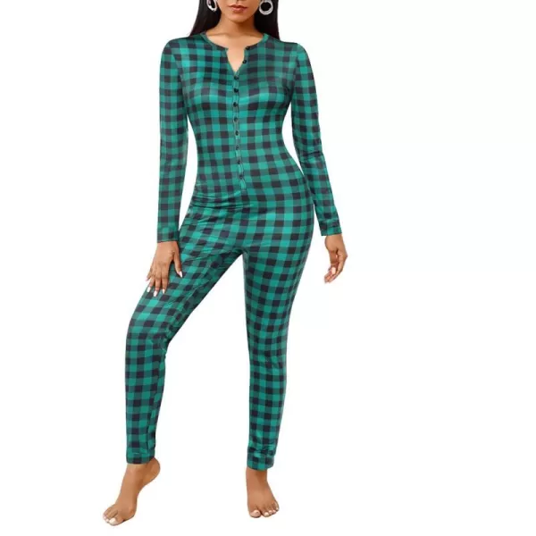 Ekouaer Womens Button Onesie Pajamas Bandage One Piece Long Sleep Romper Pajama Bodysuit Jumpsuit Bodycon XSXXLGreen Plaid