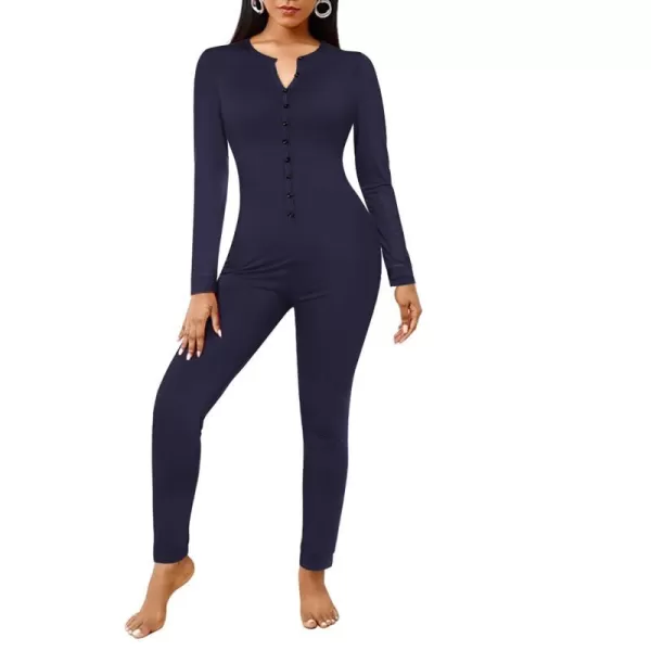 Ekouaer Womens Button Onesie Pajamas Bandage One Piece Long Sleep Romper Pajama Bodysuit Jumpsuit Bodycon XSXXLNavy