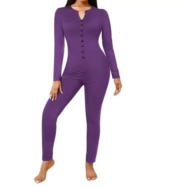 Ekouaer Womens Button Onesie Pajamas Bandage One Piece Long Sleep Romper Pajama Bodysuit Jumpsuit Bodycon XSXXLPurple