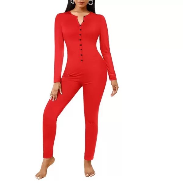 Ekouaer Womens Button Onesie Pajamas Bandage One Piece Long Sleep Romper Pajama Bodysuit Jumpsuit Bodycon XSXXLRed