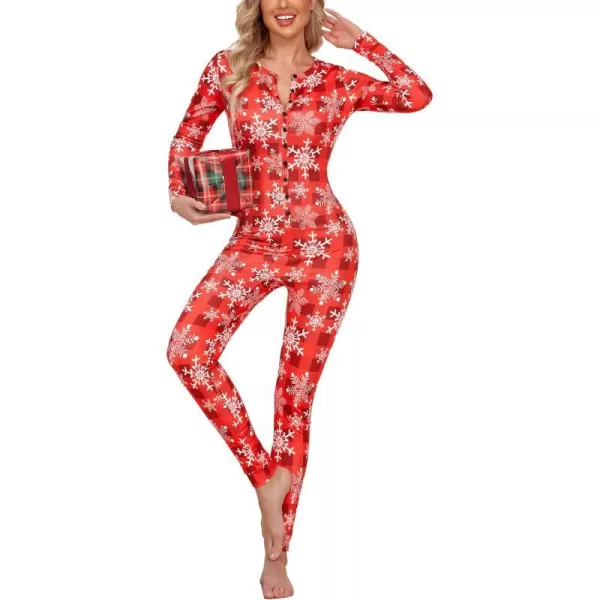 Ekouaer Womens Button Onesie Pajamas Bandage One Piece Long Sleep Romper Pajama Bodysuit Jumpsuit Bodycon XSXXLRed Plaid With Snowflake