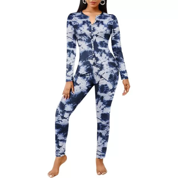 Ekouaer Womens Button Onesie Pajamas Bandage One Piece Long Sleep Romper Pajama Bodysuit Jumpsuit Bodycon XSXXLTie Dyeblue