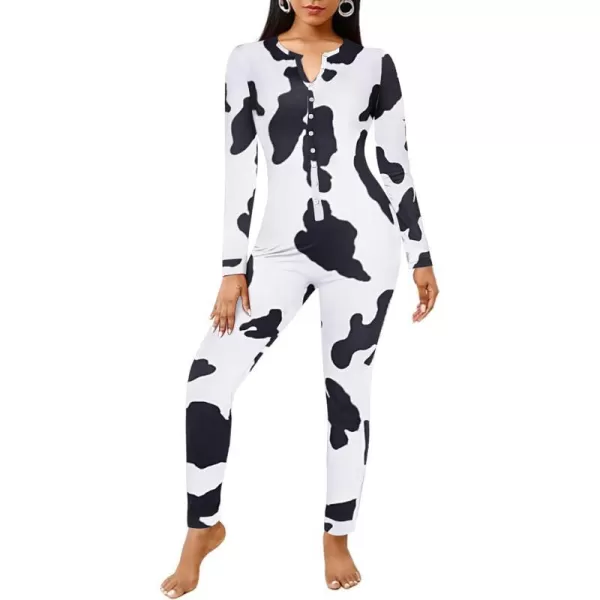 Ekouaer Womens Button Onesie Pajamas Bandage One Piece Long Sleep Romper Pajama Bodysuit Jumpsuit Bodycon XSXXLWhite Cow Pattern