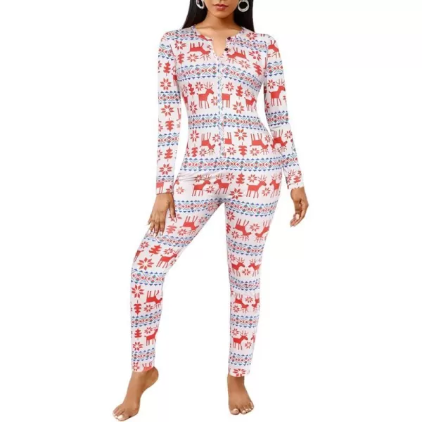 Ekouaer Womens Button Onesie Pajamas Bandage One Piece Long Sleep Romper Pajama Bodysuit Jumpsuit Bodycon XSXXLWhitechristmaspattern