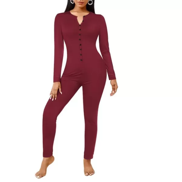 Ekouaer Womens Button Onesie Pajamas Bandage One Piece Long Sleep Romper Pajama Bodysuit Jumpsuit Bodycon XSXXLWine Red