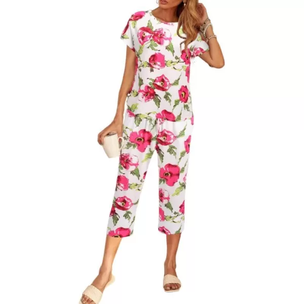 Ekouaer Womens Capri Pajama Sets Floral Print Short Sleeve Sleepwear Top and Capri Pants 2 Piece Loungewear with PocketsPink Big Flowers