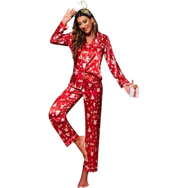 Ekouaer Womens Classic Button Down Long Satin Silk Pajama SetAred Chirstmas Pattern