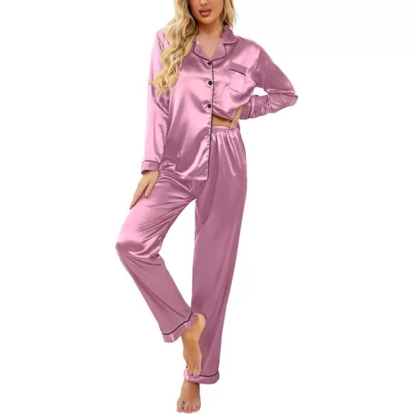 Ekouaer Womens Classic Button Down Long Satin Silk Pajama SetBpink