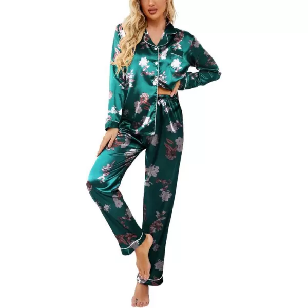 Ekouaer Womens Classic Button Down Long Satin Silk Pajama SetGreen Floral Pattern