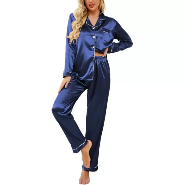 Ekouaer Womens Classic Button Down Long Satin Silk Pajama SetNavy Blue