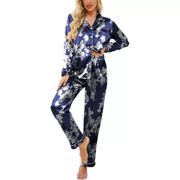 Ekouaer Womens Classic Button Down Long Satin Silk Pajama SetNavy Floral Pattern